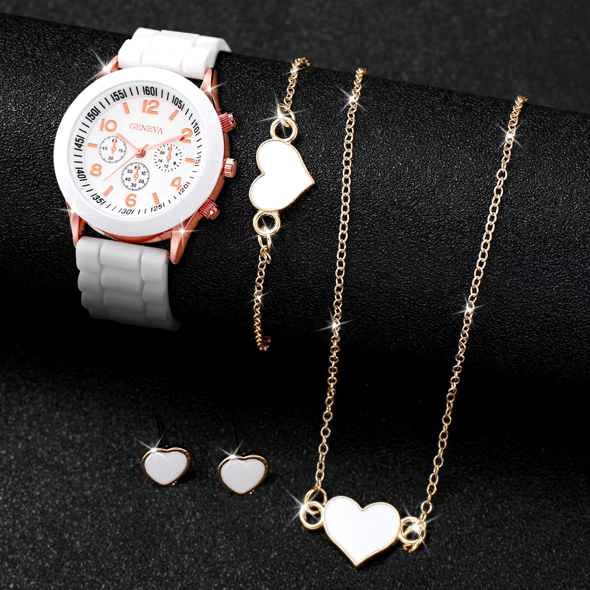 4Pcs/Set Women Watches Fashion Silicone Band Women Quartz Watches Heart Jewelry Set(Without Box)