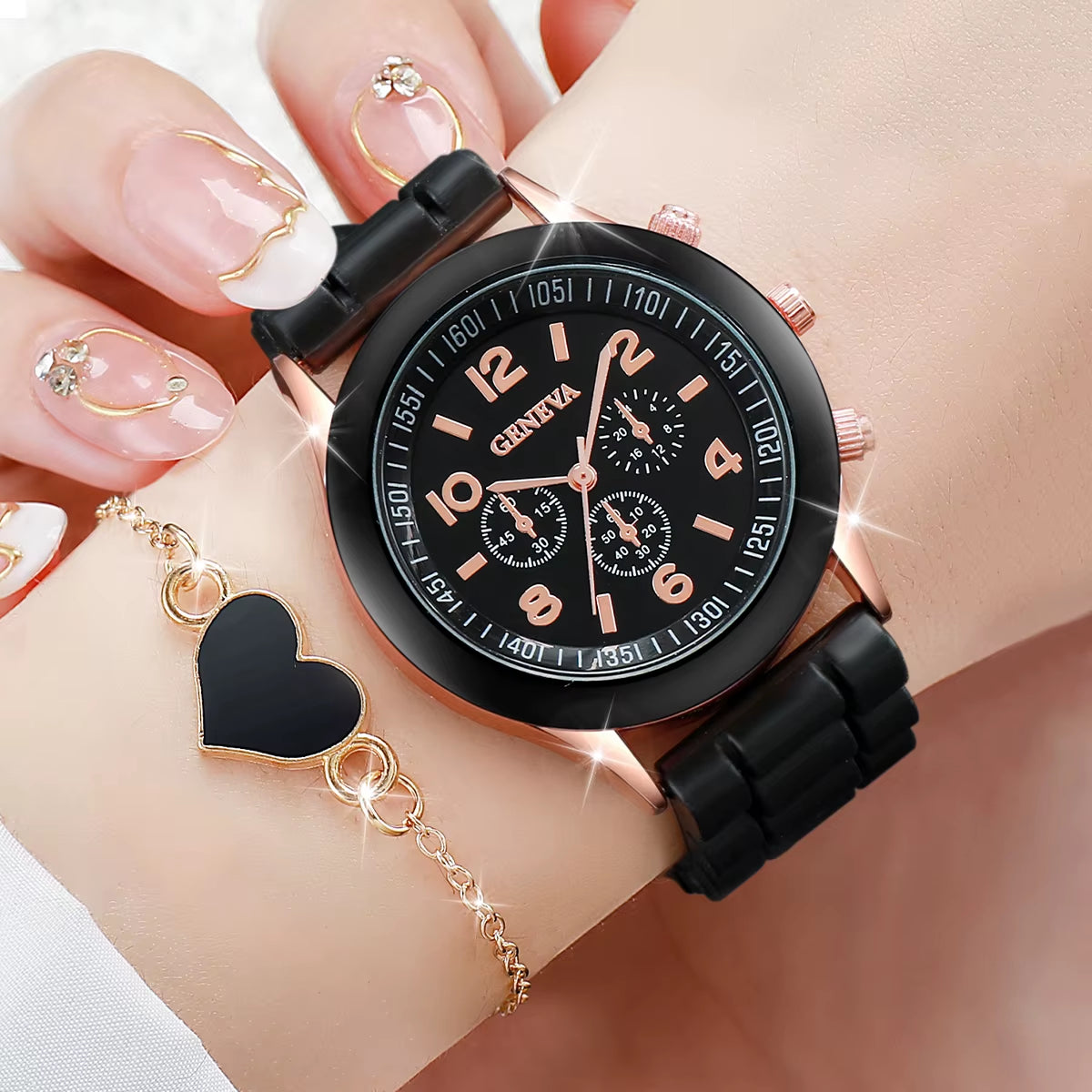 4Pcs/Set Women Watches Fashion Silicone Band Women Quartz Watches Heart Jewelry Set(Without Box)