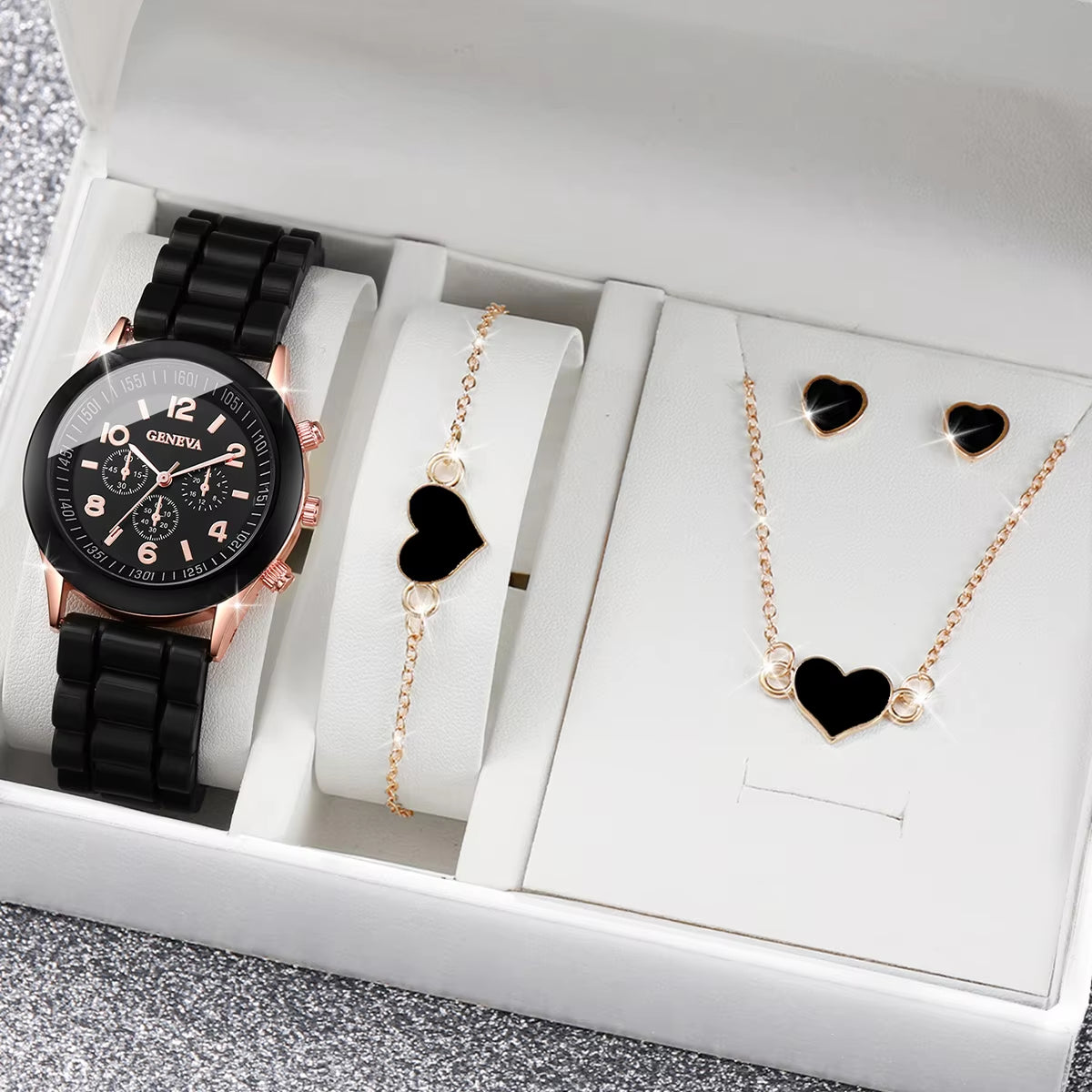 4Pcs/Set Women Watches Fashion Silicone Band Women Quartz Watches Heart Jewelry Set(Without Box)