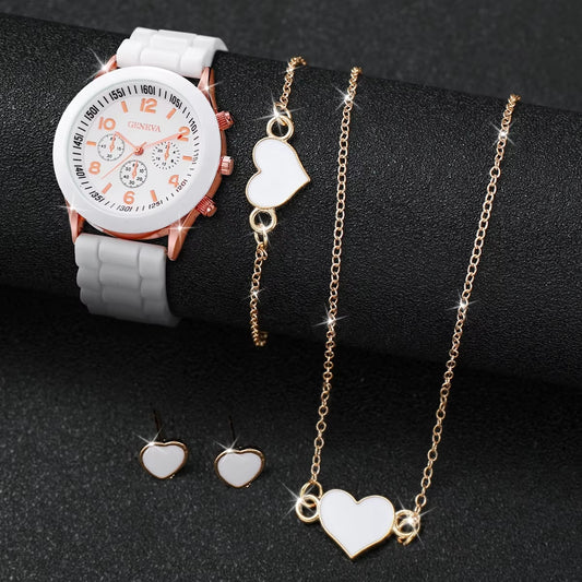 4Pcs/Set Women Watches Fashion Silicone Band Women Quartz Watches Heart Jewelry Set(Without Box)